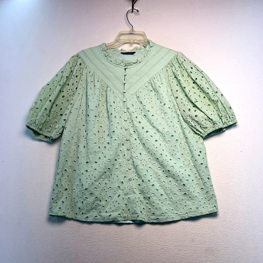 PrettyGarden Women’s XL Green Eyelet Puff Short Sleeve Button Front Lined Blouse